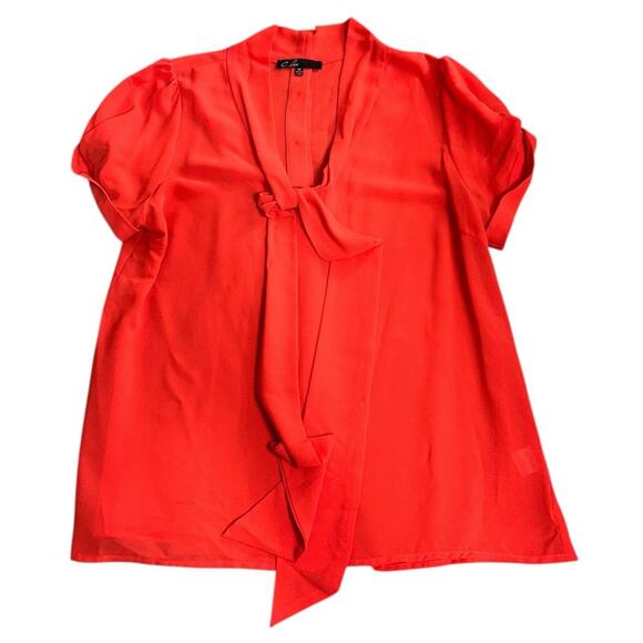 C. luce Orange V-Neck Chiffon Blouse Sz M Neck Tie Button Back Top Semi Sheer - Picture 7 of 7